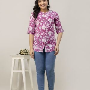 1,Top,Bliss Casual Roll Up Sleeves Printed Woman Pink, White Top