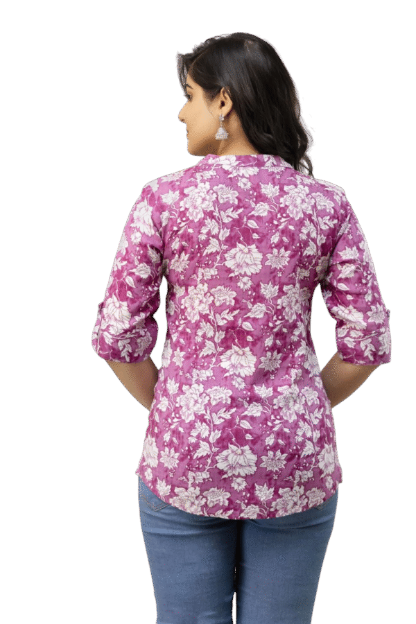 1,Top,Bliss Casual Roll Up Sleeves Printed Woman Pink, White Top - Image 2
