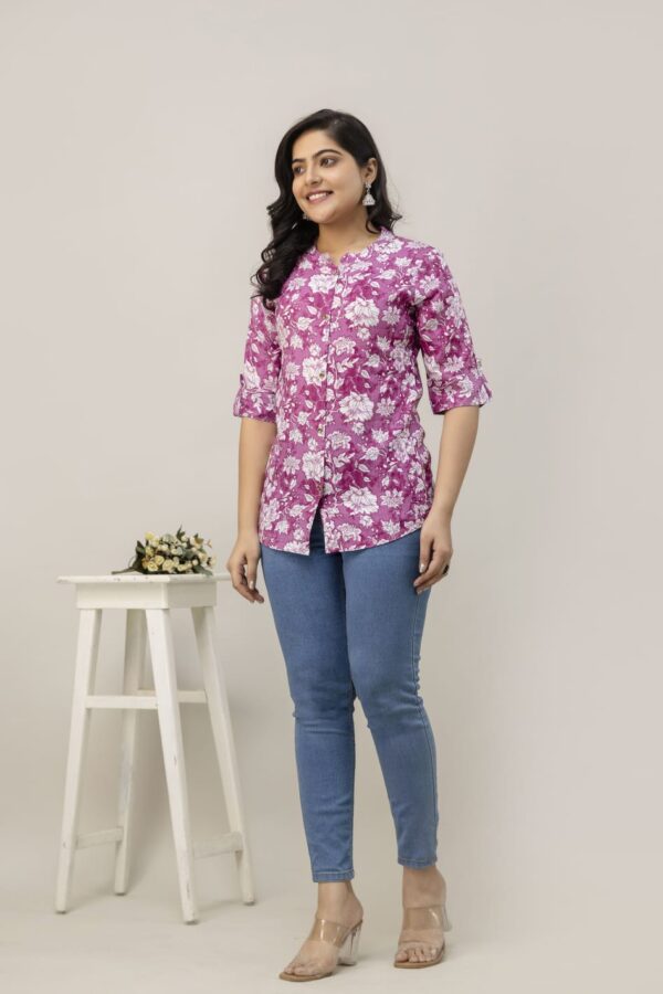 1,Top,Bliss Casual Roll Up Sleeves Printed Woman Pink, White Top - Image 3