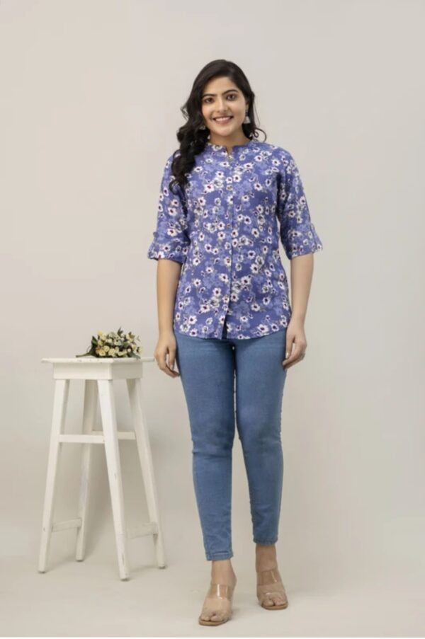 1,Bliss Casual Roll Up Sleeves Printed Woman Top - Image 3