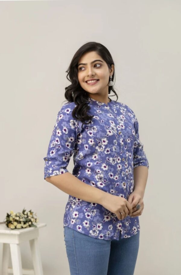 1,Bliss Casual Roll Up Sleeves Printed Woman Top - Image 4