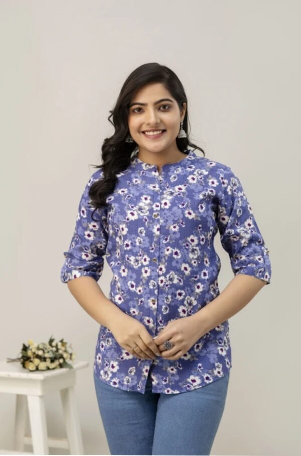 1,Bliss Casual Roll Up Sleeves Printed Woman Top - Image 2