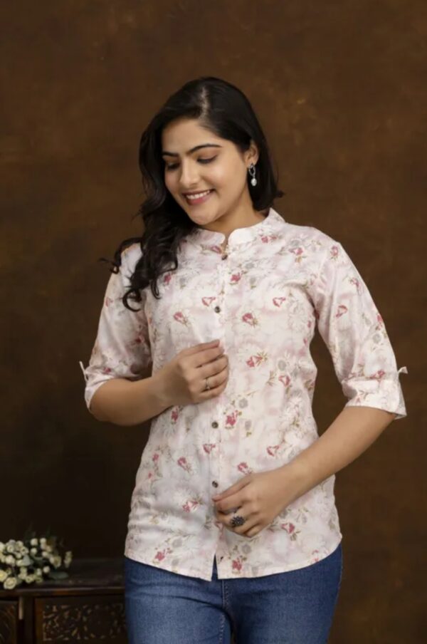 1,Bliss Casual Roll Up Sleeves Printed Woman Top - Image 4