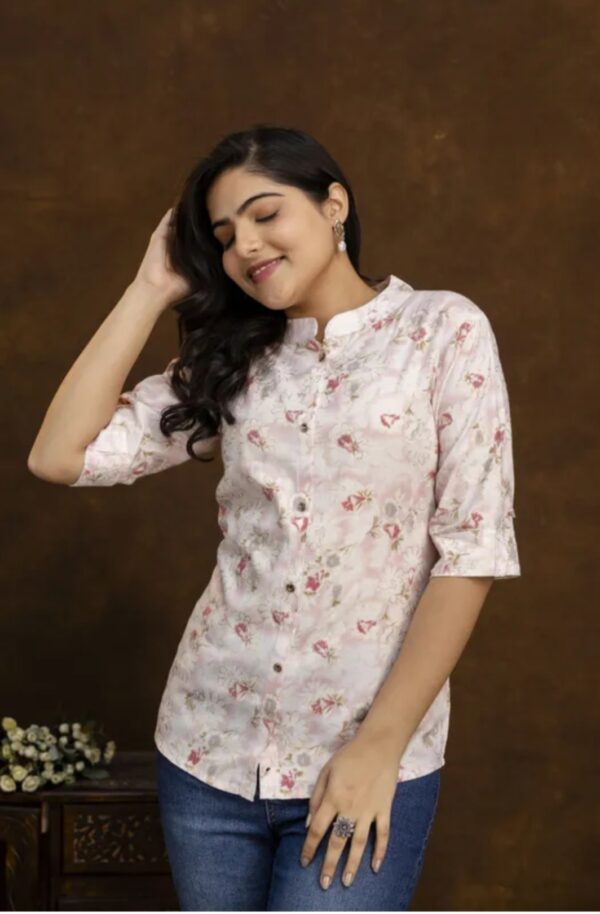 1,Bliss Casual Roll Up Sleeves Printed Woman Top - Image 3