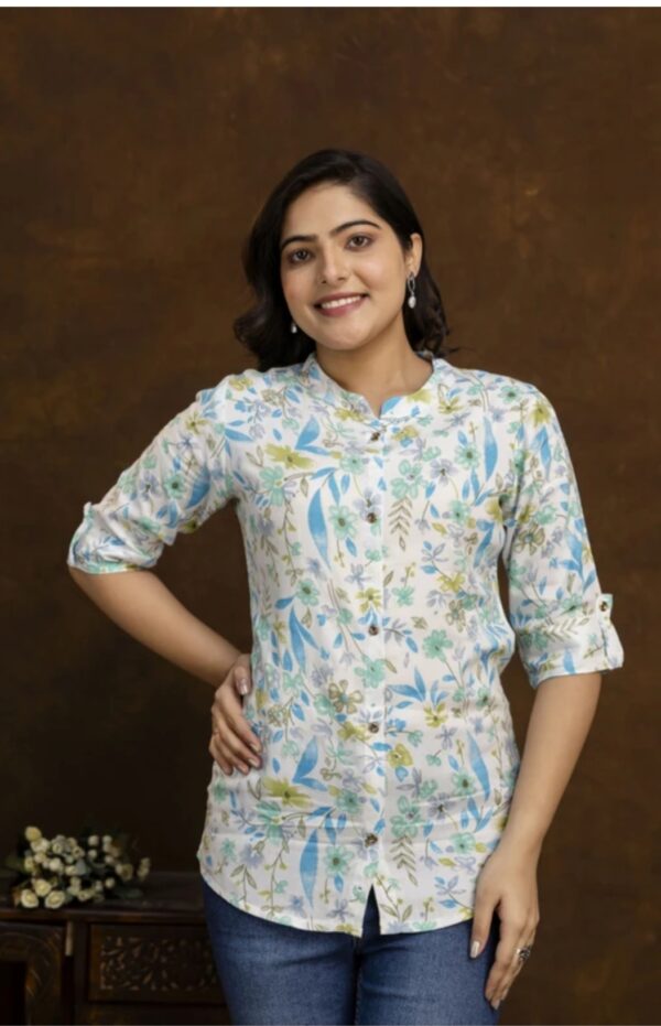 1,Bliss Casual Roll Up Sleeves Printed Woman Top - Image 2